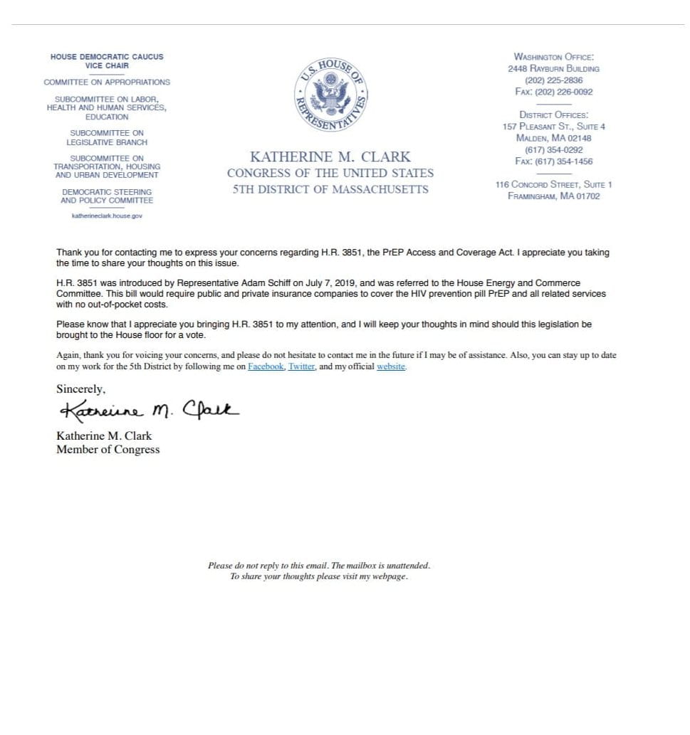 A letter response from Congresswoman Katherine Clark acknowledging receipt of concerns about H.R. 3851, the PrEP Coverage and Access Act.