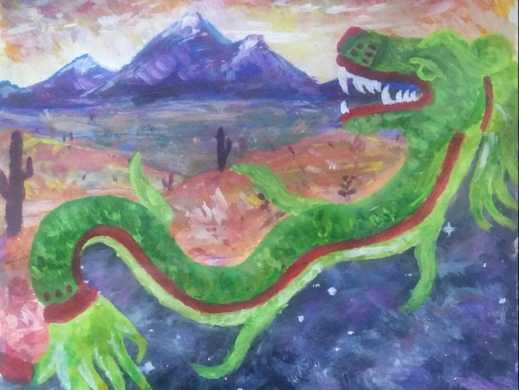 A painting featuring a green dragon.