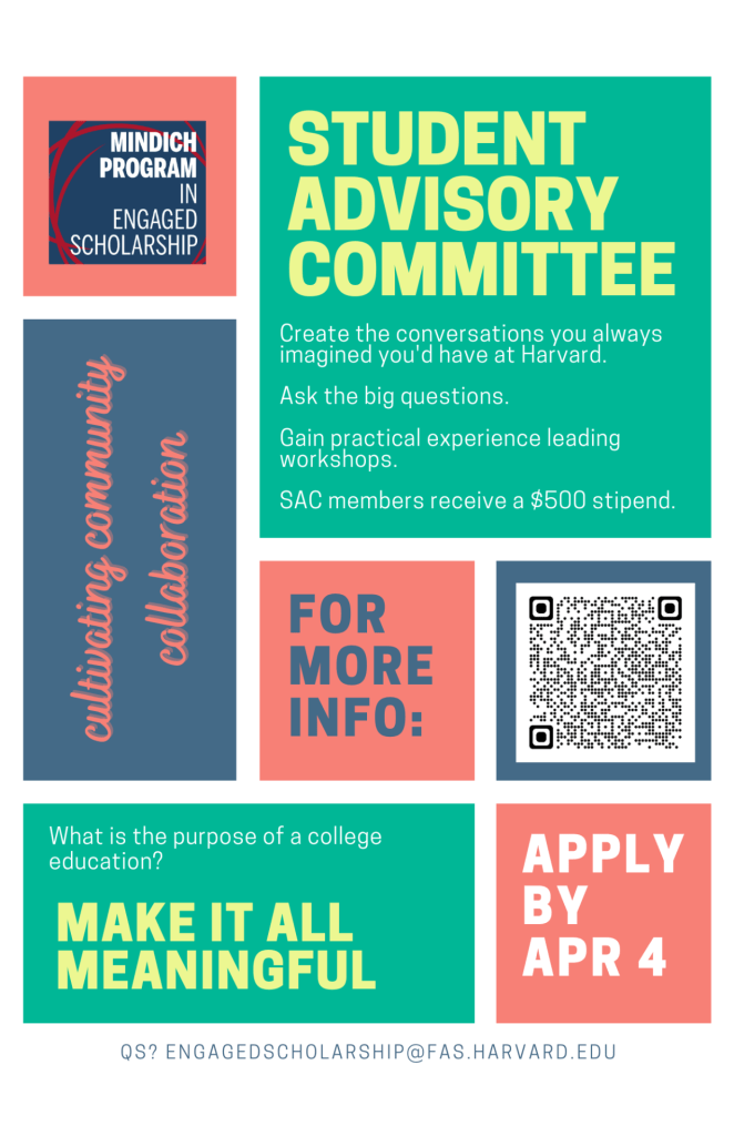 Flyer to apply for the Engaged Scholarship Student Advisory Committee due April 4